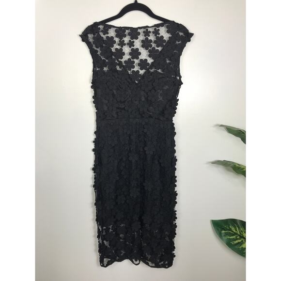 Milly Mari Floral Applique Sheath Lace Overlay Black Short Dress 4 LBD Cocktail - Picture 4 of 13
